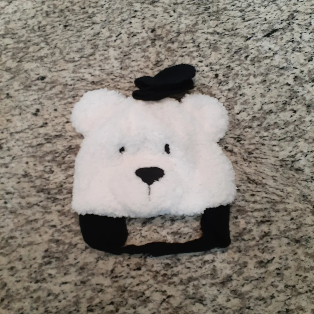 Black & White Furry Bear Ear Flap Hat & Mittens Set NWOT OS Infant